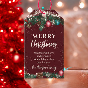 Festive Christmas lights pine branches snow red Gift Tags