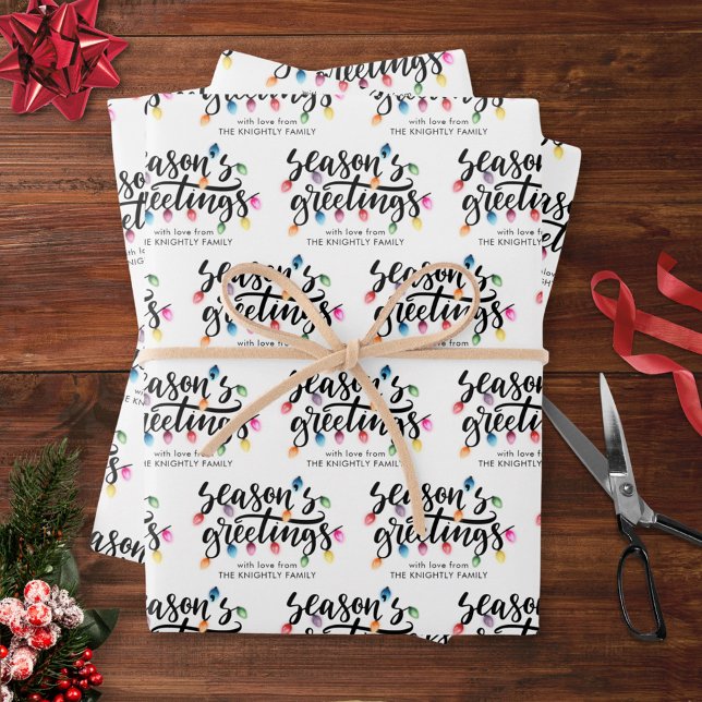 Festive Christmas Lights Seasons Greetings Name Wrapping Paper Sheet (Creator Uploaded)