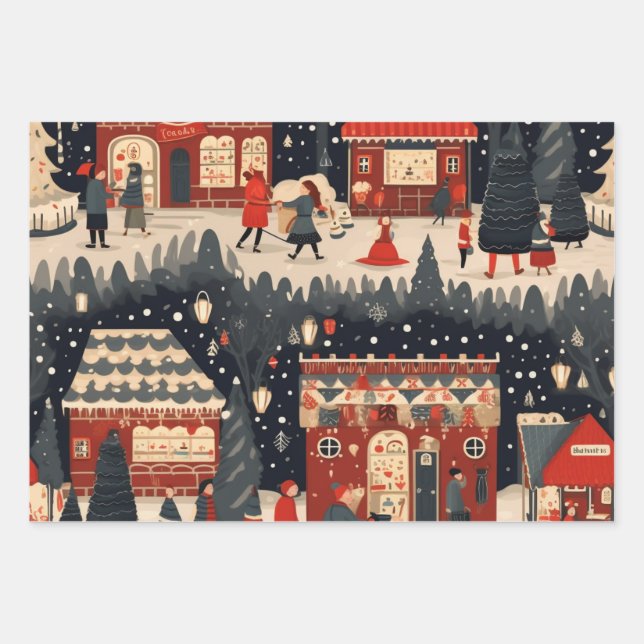 Festive Christmas Market Pattern Wrapping Paper Sheet (Front)