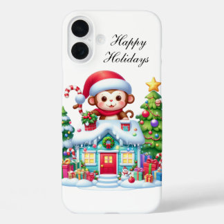 Festive Christmas monkey customisable iPhone 16 Plus Case