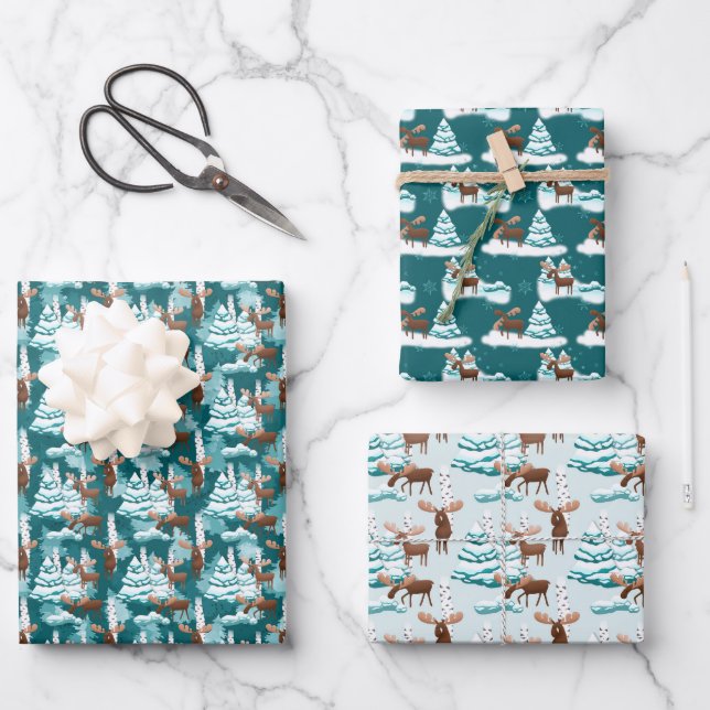 Festive Christmas moose tiled pattern Wrapping Paper Sheet (Front)
