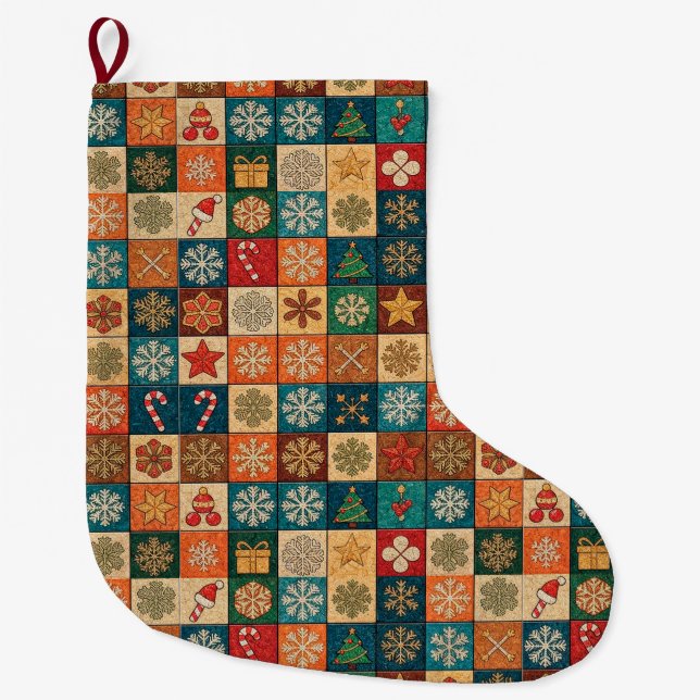 Festive Christmas Mosaic Pattern With Snowflakes Large Christmas Stocking (Front)