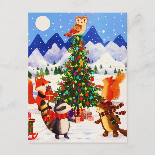 Festive Christmas Mountain Woodland Animal Family Holiday Postcard (Front)