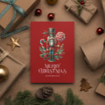 Festive Christmas Nutcracker Personalizable Card<br><div class="desc">Christmas Nutcracker with a candy cane,  white Merry Christmas typography,  and personalizable text.</div>