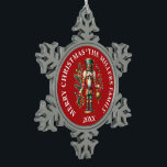 Festive Christmas Nutcrackers  Snowflake Pewter Christmas Ornament<br><div class="desc">Colourful Christmas nutcracker ornament design with holiday symbols with a red background and custom text in white.</div>