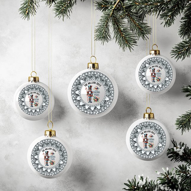 Festive Christmas Nutcrackers White Diamonds Frame Ceramic Ball Christmas Ornament (Creator Uploaded)