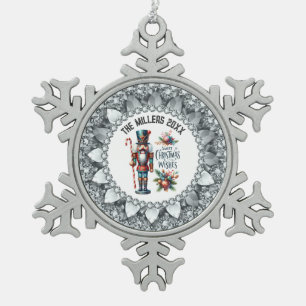 Festive Christmas Nutcrackers White Diamonds Frame Snowflake Pewter Christmas Ornament