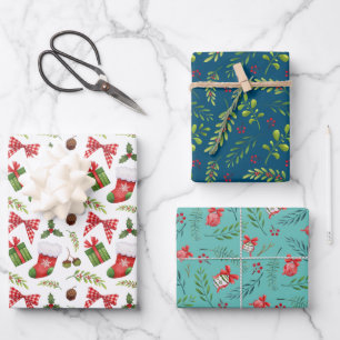 Festive Christmas Ornament and Branches Watercolor Wrapping Paper Sheet