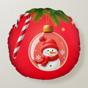 Festive Christmas Ornament with Snowman Round Cushion