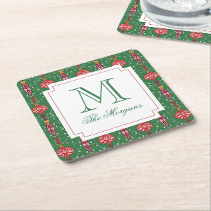 Festive Christmas Ornaments Monogram Square Paper Coaster