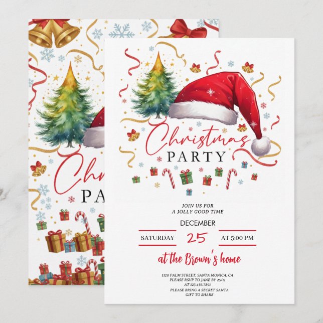 Festive Christmas Party Invitation Red Santa Hat (Front/Back)