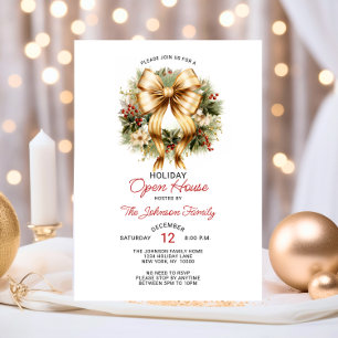 Festive CHRISTMAS PARTY Red Gold Wreath Open House Invitation