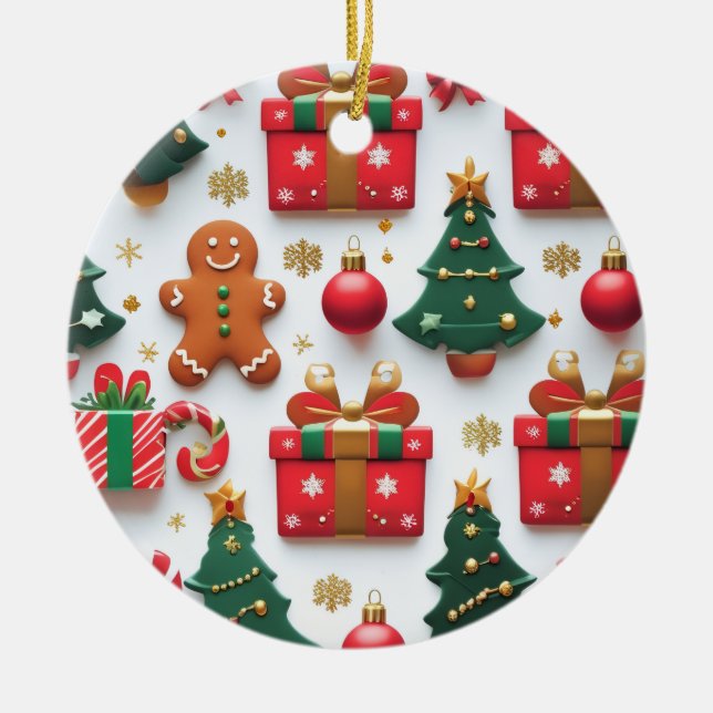 Festive Christmas Pattern Ceramic Tree Decoration (Front)