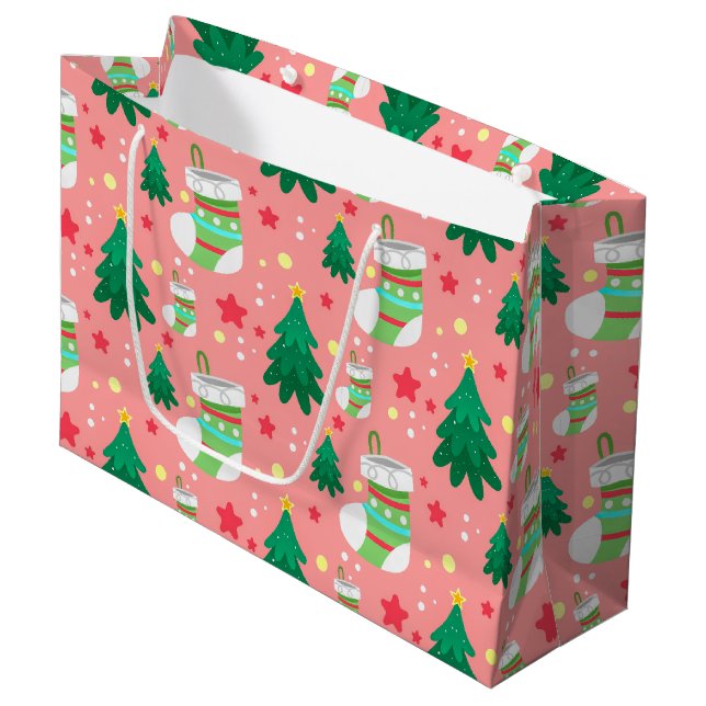 Festive Christmas Pattern of Stars Stockings Trees Large Gift Bag (Front Angled)