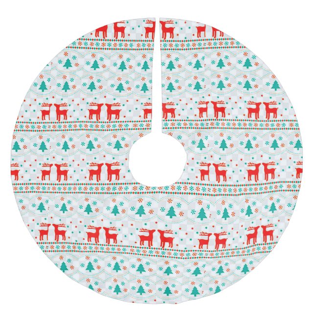 Festive Christmas Pattern with Reindeer Brushed Polyester Tree Skirt (Front)