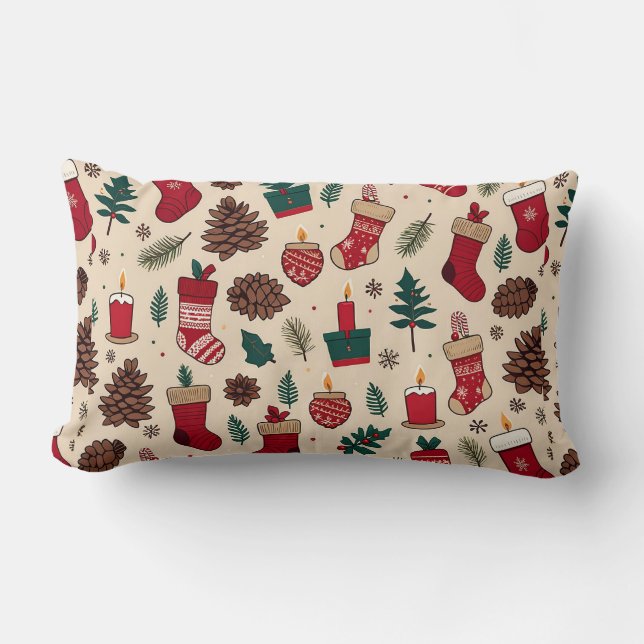 Festive Christmas Pattern with Stockings Lumbar Cushion (Front)