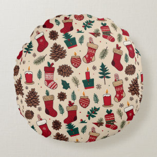 Festive Christmas Pattern with Stockings Round Cushion
