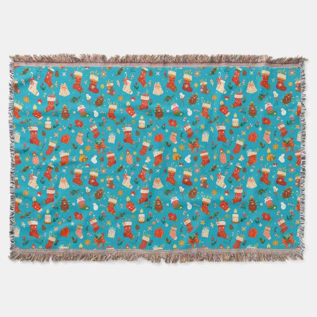 Festive Christmas Pattern with Stockings Throw Blanket (Front)