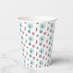 Festive Christmas pattern with trees, stockings,  Paper Cups