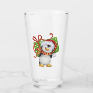 Festive Christmas Penguin with Gift - Holiday Deco Glass