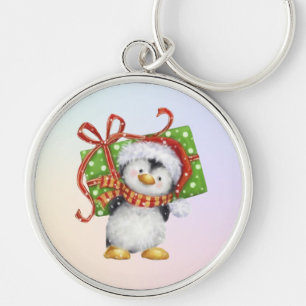 Festive Christmas Penguin with Gift - Holiday Deco Key Ring