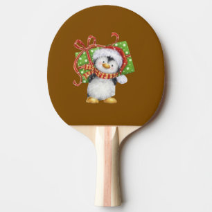 Festive Christmas Penguin with Gift - Holiday Deco Ping Pong Paddle