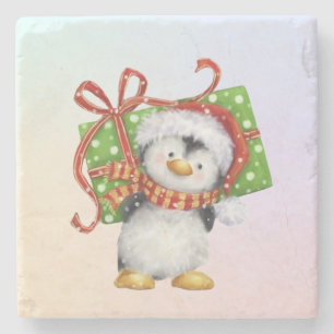 Festive Christmas Penguin with Gift - Holiday Deco Stone Coaster