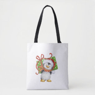 Festive Christmas Penguin with Gift - Holiday Deco Tote Bag