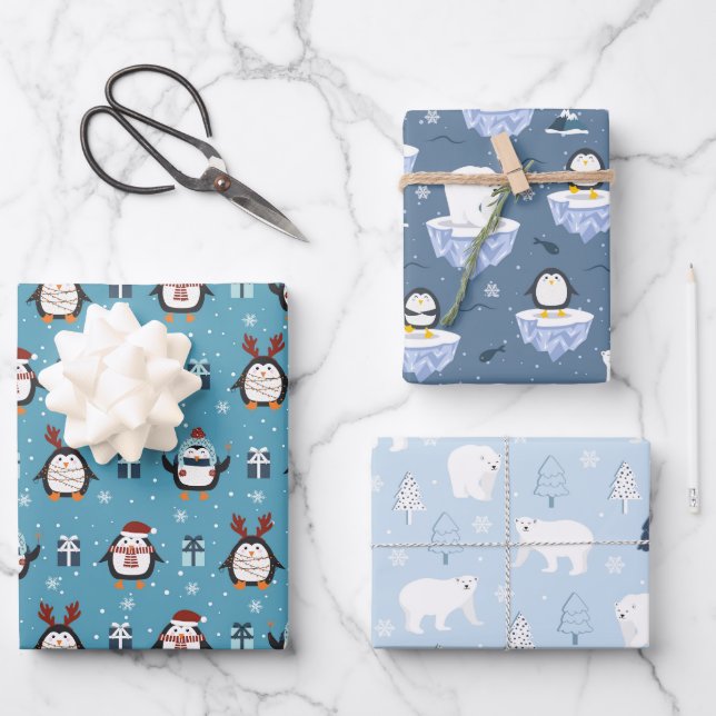 Festive Christmas penguins and bears tiled Wrapping Paper Sheet (Front)