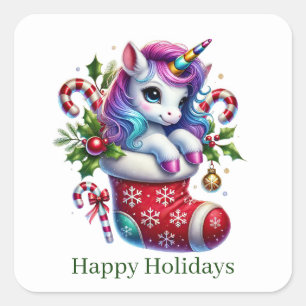 Festive Christmas peppermint unicorn customizable Square Sticker
