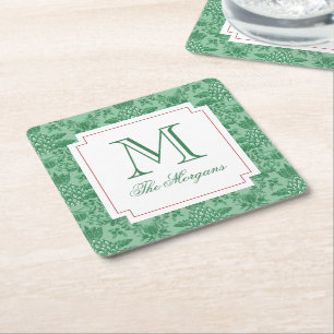 Festive Christmas Pineapple Ornaments Monogram Square Paper Coaster