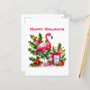 Festive Christmas pink flamingo add message Holiday Postcard