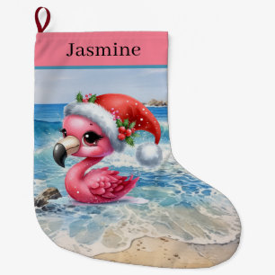 Festive Christmas pink flamingo add name beach Large Christmas Stocking