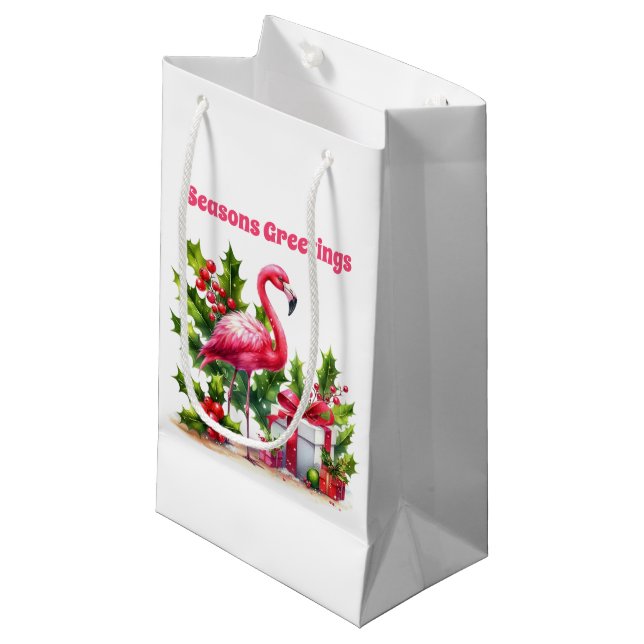 Festive Christmas pink flamingo add text  Small Gift Bag (Front Angled)