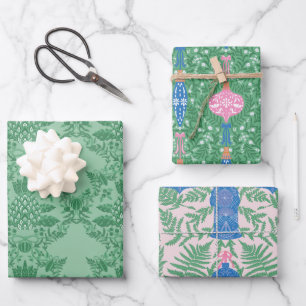 Festive Christmas Pink & Green Pattern Wrapping Paper Sheet