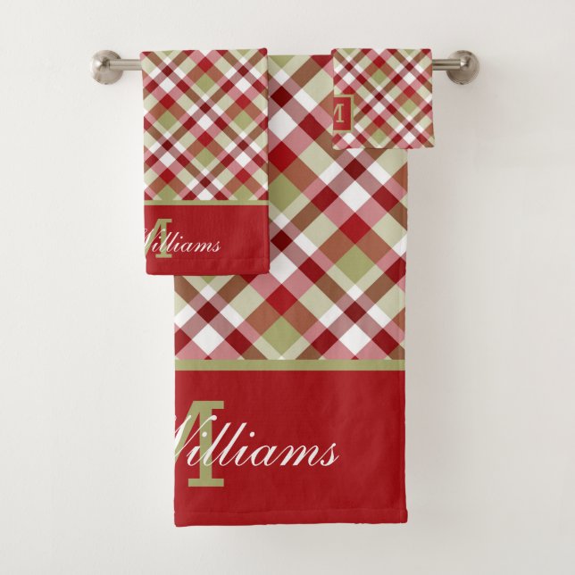 Festive Christmas Plaid Red, White and Green  Bath Towel Set (Insitu)