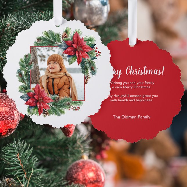 Festive Christmas Poinsettia and Pine Photo Tree Decoration Card (Creator Uploaded)