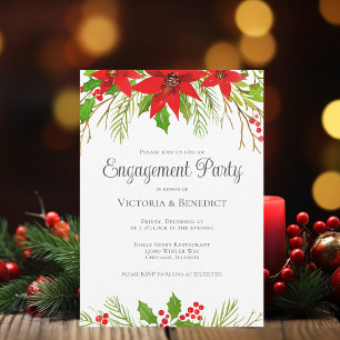 Festive Christmas Poinsettia Engagement Party Invitation