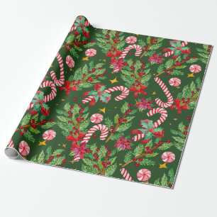 Festive Christmas Poinsettia, Holly Berry, Candy Wrapping Paper
