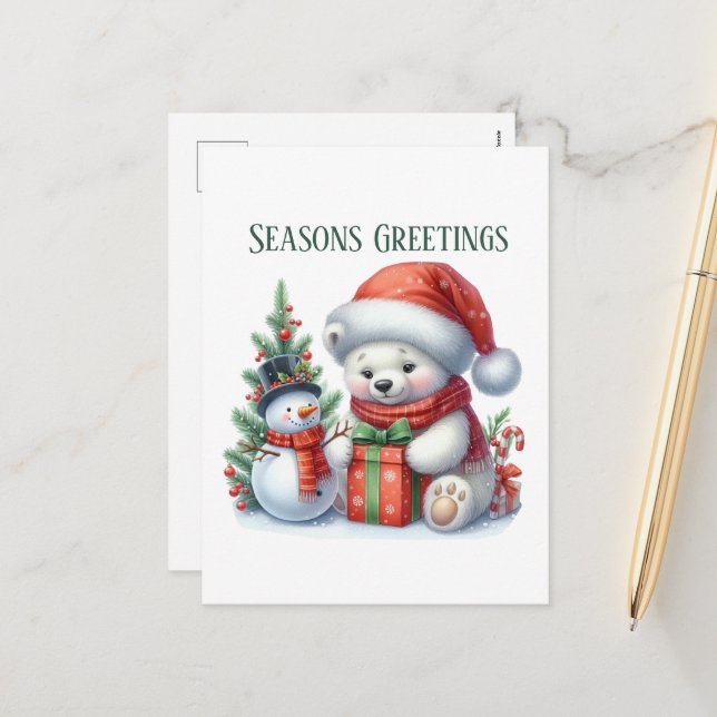 Festive Christmas polar bear add message  Holiday Postcard (Front/Back In Situ)