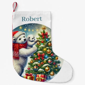 Festive Christmas polar bears add name Small Christmas Stocking