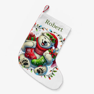 Festive Christmas polar bears add name Small Christmas Stocking