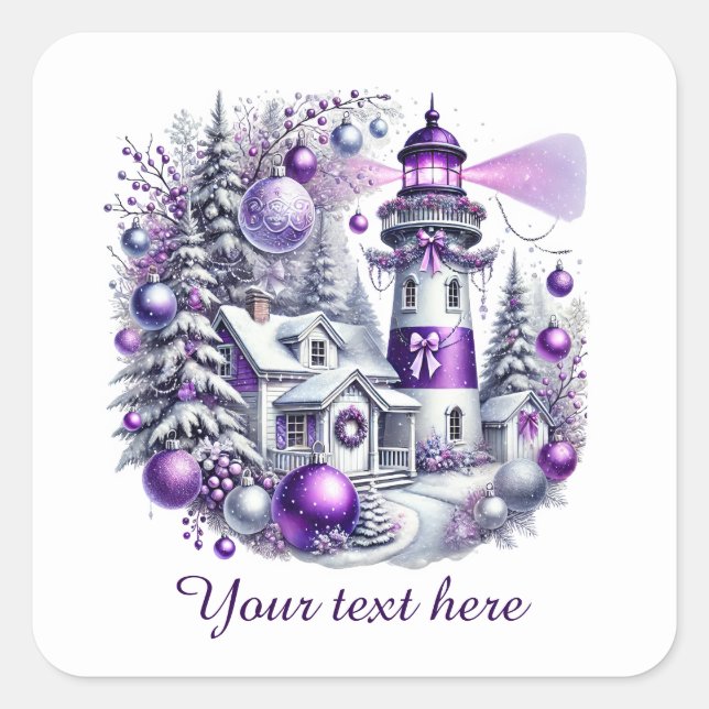 Festive Christmas purple lighthouse customisable Square Sticker (Front)
