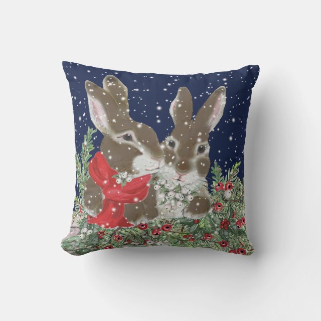 Festive Christmas Rabbit Tan Bunny Winter Holiday Cushion (Front)