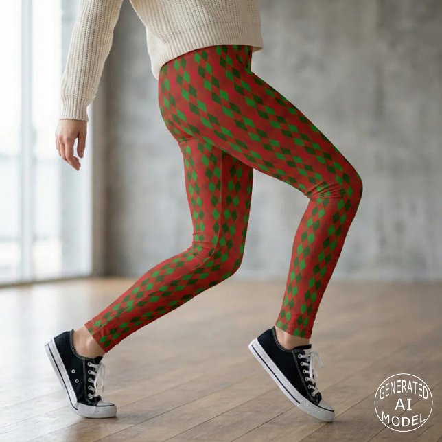 Festive Christmas Red and Green Argyle Pattern Leggings (Creator Uploaded)
