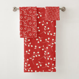 Festive Christmas Red and White Botanical Pattern Bath Towel Set