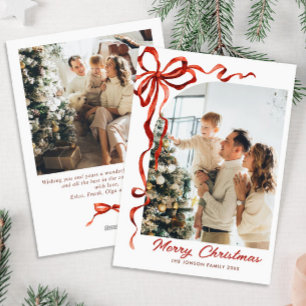 Festive Christmas Red Bow Ribbon 2 Photo Holiday Card
