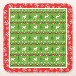 Festive Christmas Reindeer And Snowflakes Square Paper Coaster