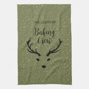 Festive Christmas Reindeer Snowfall Green Holiday Tea Towel