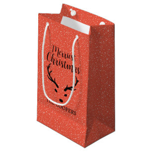 Festive Christmas Reindeer & Snowfall Red Holiday Small Gift Bag